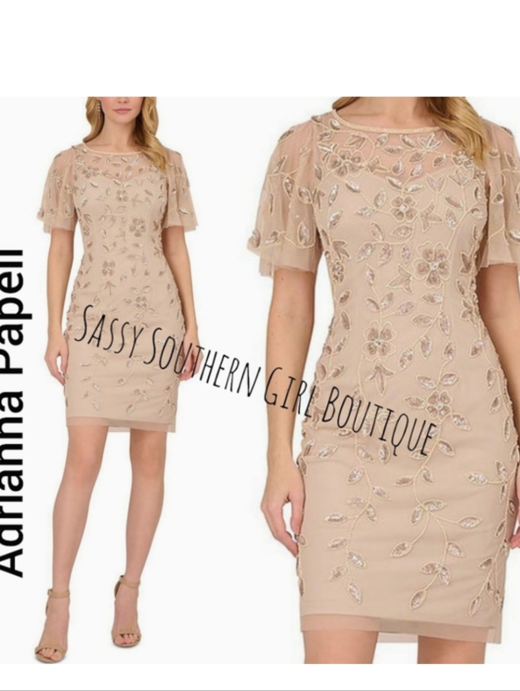 Adrianna Papell Latte Sequin Mesh Overlay Dress